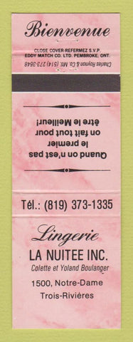 Matchbook Cover - Lingerie La Nuitee Trois Rivieres QC