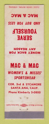 Matchbook Cover - Mac and Mac Women's Clothes Santa Ana CA WEAR