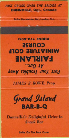 Matchbook Cover - Grand Island BBQ Dunnville ON 30 Strike
