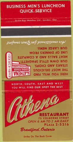 Matchbook Cover - Athena Restaurant Brantford ON 30 Strike