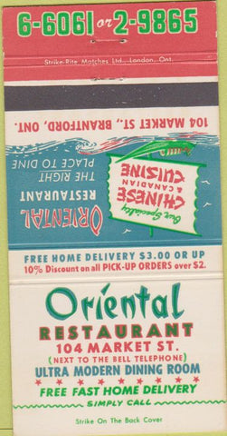 Matchbook Cover - Oriental Restaurant Brantford ON 30 Strike