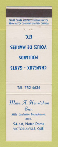 Matchbook Cover - Mme A Henrichon Clothes Victoriaville QC
