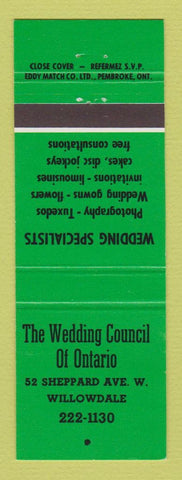 Matchbook Cover - The Wedding Council of Ontario Willowdale ON GREEN