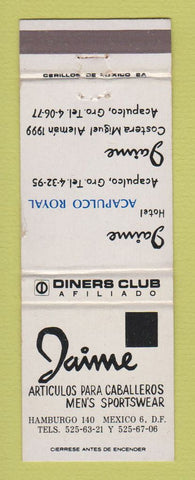 Matchbook Cover - Jaime Men's Clothes Acapulco Mexico WEAR
