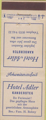 Matchbook Cover - Hotel Adler Kandersteg Switzerland Gemsen Holzer