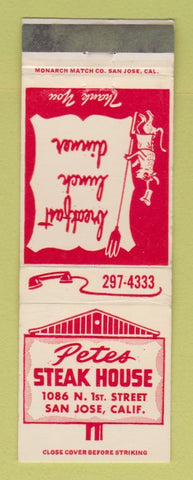 Matchbook Cover - Petes Steak House San Jose CA