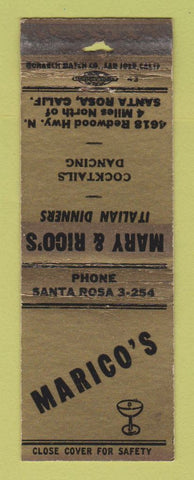 Matchbook Cover - Marico's Italian Restaurant Santa Rosa CA POOR STRIKER