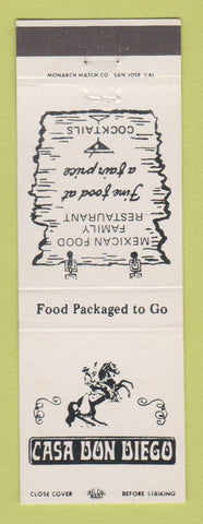 Matchbook Cover - Casa Don Diego Mexican Restaurant Chula Vista Casa De Oro CA