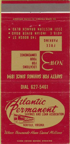 Matchbook Cover - Atlantic Permanent Savings Loan Norfolk VA 30 Strike