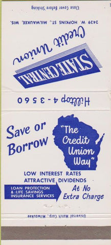 Matchbook Cover - State Central Credit Union Milwaukee WI 30 Strike