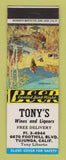 Matchbook Cover - Tony's Liquor Tujunga CA