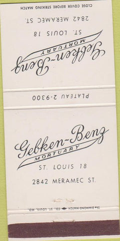 Matchbook Cover - Gebken Benz Mortuary St Louis MO 30 Strike