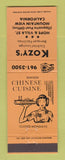 Matchbook Cover - Kozy's Chinese Restaurant Mountain View CA