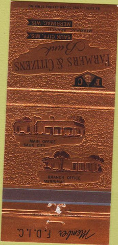 Matchbook Cover - Farmer's Citizens Bank Sauk City Merrimac WI 30 Strike