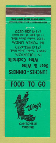 Matchbook Cover - Wing's Chinese Restaurant Fullerton Yorba Linda CA