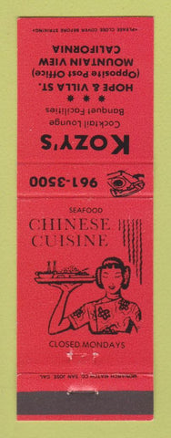 Matchbook Cover - Kozy's Chinese Restaurant Mountain View CA