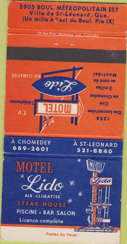 Matchbook Cover - Motel Lido Steak House Ville de St Leonard QC 30 Strike