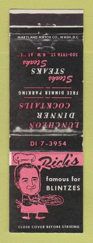 Matchbook Cover - Rick's Blintzes Restaurant Washington DC WORN