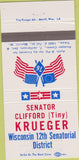 Matchbook Cover - Wisconsin State Senate Clifford Krueger WI 30 Strike