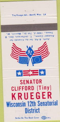 Matchbook Cover - Wisconsin State Senate Clifford Krueger WI 30 Strike
