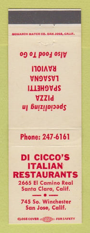 Matchbook Cover - Di Cicco's Italian Restaurant San Jose Santa Clara CA Pizza