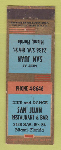 Matchbook Cover - San Juan Restaurant Bar Miami FL ADVANCE