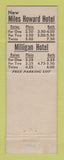 Matchbook Cover - Milligan Hotel Miles Howard Miles City MT