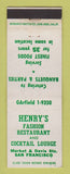 Matchbook Cover - Henry's Restaurant San Francisco CA