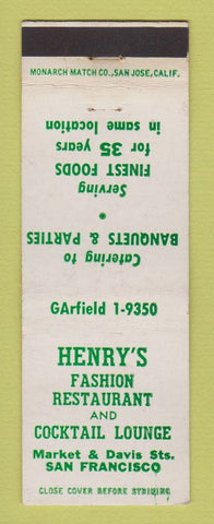 Matchbook Cover - Henry's Restaurant San Francisco CA