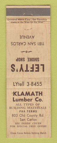 Matchbook Cover - Klamath Lumber Lefty's Smoke Shop San Carlos CA