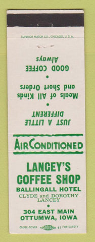 Matchbook Cover - Lancey's Coffee Shop Ottumwa IA Ballingall Hotel