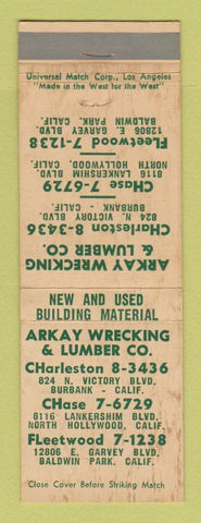 Matchbook Cover - Arkay Wrecking Lumber Burbank North Hollywood Baldwin Park CA