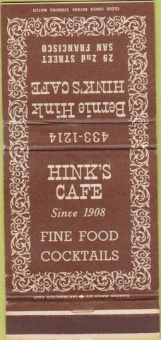 Matchbook Cover - Bernie Hink's Cafe San Francisco CA 30 Strike
