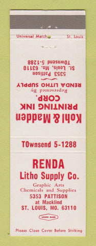 Matchbook Cover - Renda Litho Supply Kohn Madden Printing Ink St Louis MO