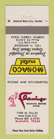 Matchbook Cover - Monaco Motel Corpus Christi TX Flamingo Motor Hotel McAllen