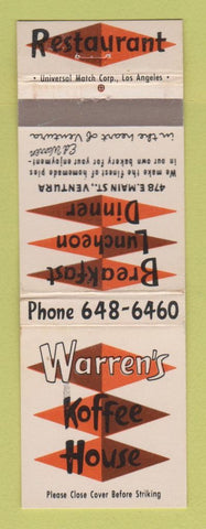 Matchbook Cover - Warren's Koffee House Ventura CA