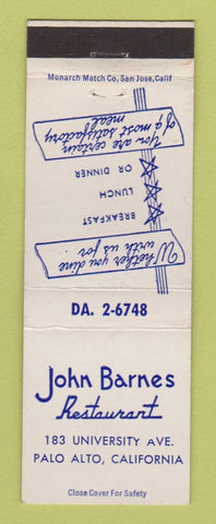 Matchbook Cover - John Barnes Restaurant Palo Alto CA