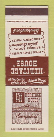 Matchbook Cover - Heritage House Smorgasbord Springfield IL Route 66 St Louis