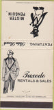 Matchbook Cover - Minster Penguin Tuxedos WEAR 30 Strike