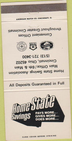 Matchbook Cover - Home State Savings Cincinnati OH 30 Strike