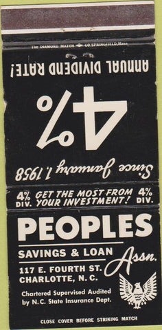 Matchbook Cover - Peoples Savings Loan Charlotte NC 30 Strike
