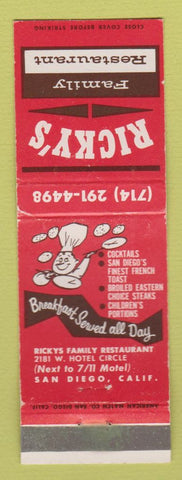 Matchbook Cover - Ricky's Restaurant San Diego CA