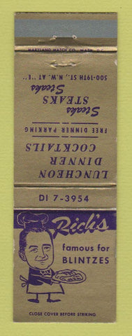 Matchbook Cover - Rick's Blintzes Washington DC GOLD WEAR