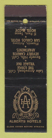 Matchbook Cover - Alberts Hotels Lake Arrowhead Beverly Hills CA El Paso TX