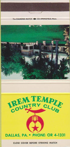 Matchbook Cover - Irem Temple Country Club Dallas PA shriners 30 Strike