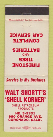 Matchbook Cover - Walt Shortt's Shell Korner oil gas Coronado CA Firestone Tires