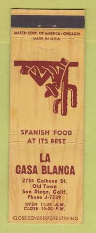 Matchbook Cover - La Casa Blanca San Diego CA Spanish Food