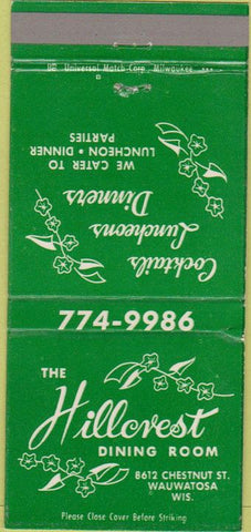 Matchbook Cover - Hillcrest Dining Room Wauwatosa WI 30 Strike