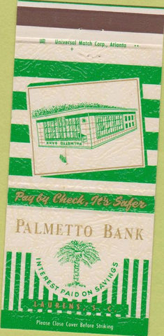 Matchbook Cover - Palmetto Bank Laurens SC 30 Strike