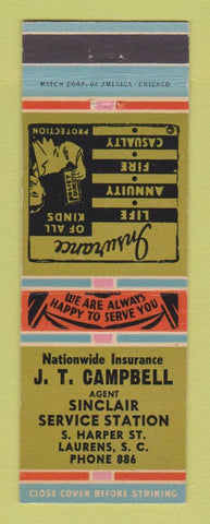 Matchbook Cover - JT Campbell Sinclair oil gas Laurens SC